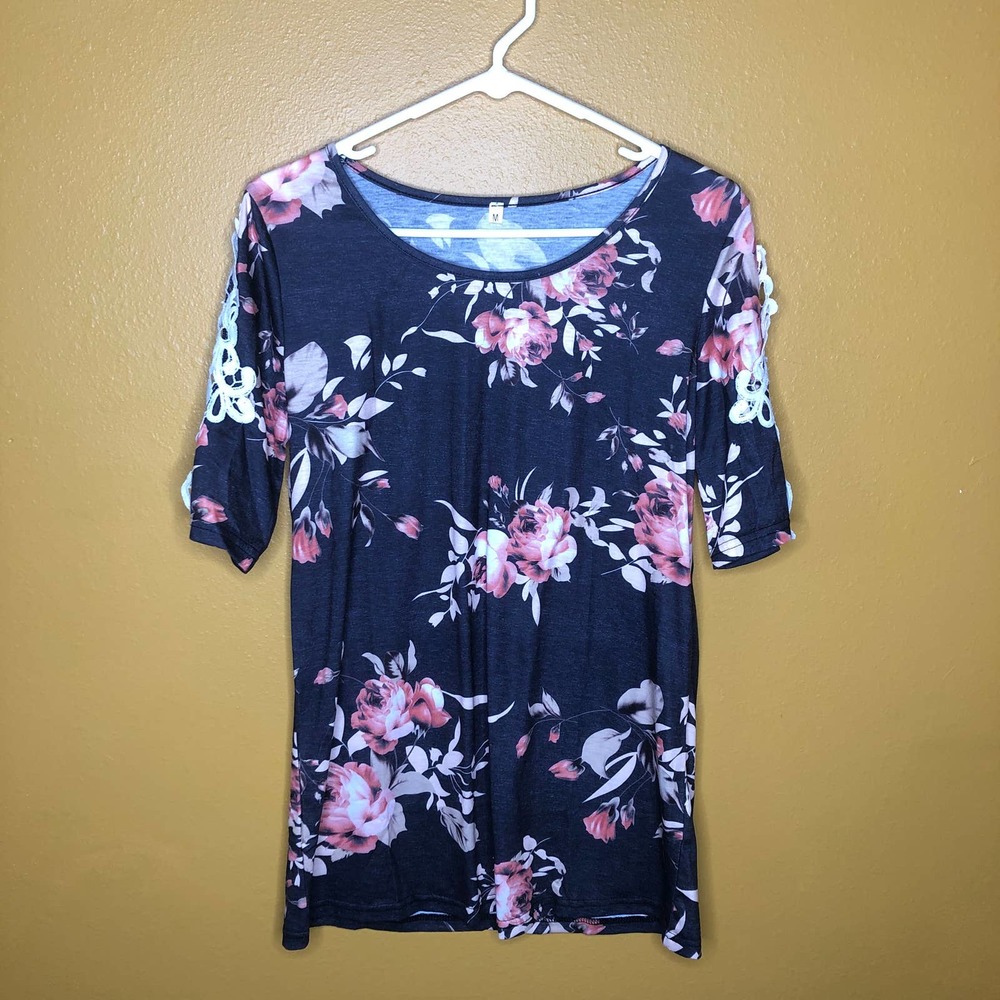 Floral Lace Shirt Short Sleeve Top Blouse M